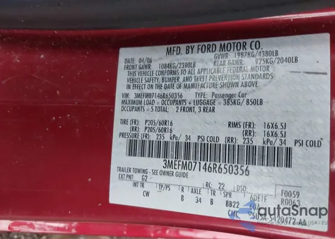 2006 Mercury Milan V6 from USA, damaged, VIN 3MEFM07146R650356